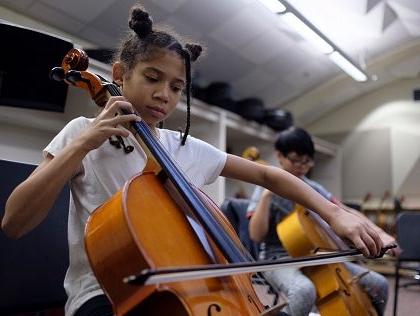 两个学生在音乐教室里演奏大提琴.